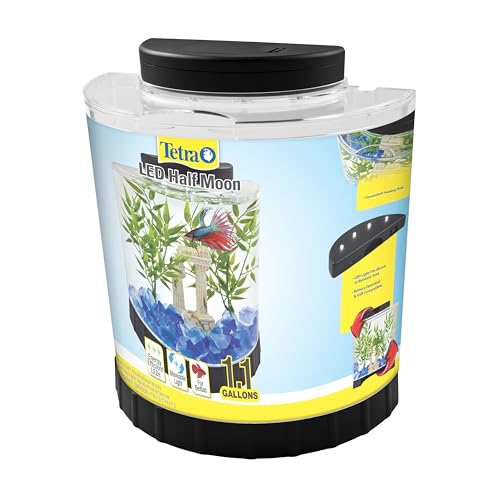 Tetra LED Half Moon Aquarium Kit, 1.1 Gallons, Small, Clear Plastic Fish Tank With Curved Front, Easy Feeding And Movable, Energy-Efficient LEDs Ideal For Bettas Great As Desk Aquarium