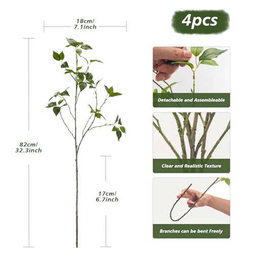 Artificial Plants Greenery Eucalyptus Stems Branches Plant for Home Decor，Faux Rustic Ficus Leaf Floral for Indoor Table Bathroom Bedroom Kitchen Decoration,Real Plastic Eucalytus Wedding Dcor（4PCS) - color: 32""green 4pcs