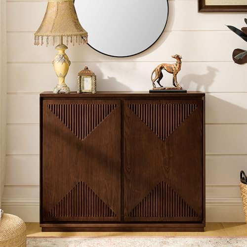 LKTART Narrow Sideboard Buffet Storage Cabinet with Solid Wood Doors,Mid Century Modern Accent Credenza Cabinet,Media Console Table for Kitchen, Living Room, Entryway-Dark Walnut - color: D- Dark Walnutt, size: 1 Piece