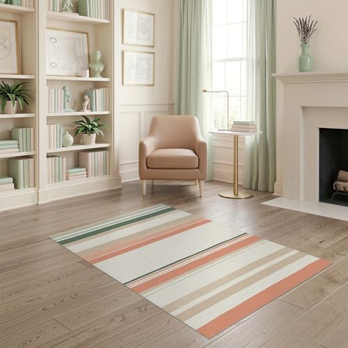 4'x6' Washable Flatwoven Rug, Coral Modern Stripe Easy Care Throw Carpet Stain Resistant Low Profile Floor Covering for Dorm Room, Small Living Room, Apartment | Ref:1993948 - color: Beige/Pattern 22, size: 4' x 6' (Rectangular)