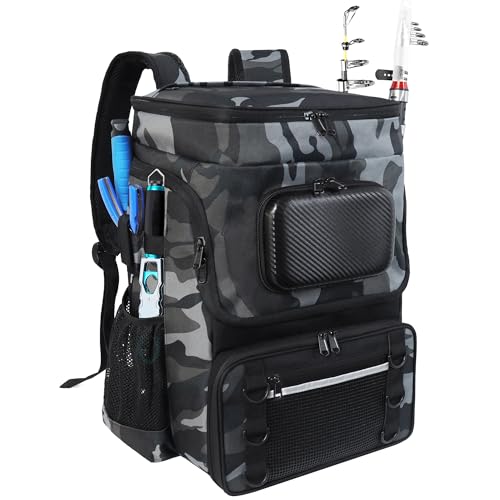 Fishing Backpack with Rod Holder, Large 50L Tackle Bag Water Resistant Tackle Backpack Heavy Duty Fishing Bag Gift for Men Woman - color: Camo Gray without Tackle Boxes or Fishing Tools