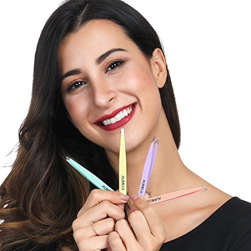 Tweezers Set 4-Piece Professional Stainless Steel Tweezers with Leather Travel Case by AUMELO - Precision Eyebrow and Splinter Ingrown Hair Removal Tweezer - MultiColor - color: Multicolor