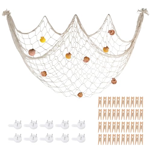 80x40 Inch Decorative Fishing Net w/Shells & Clips, 3mm Beige Natural Cotton Large Photo Hanging Fishnet, Wall Halloween Party Decorations for Nautical Pirate Hawaii Underwater Mermaid Themed Party - color: Beige, size: Large - 1 Pack with shells
