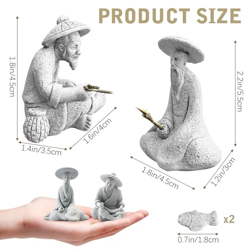 Tfwadmx 2 Pcs Sitting Fisherman Figurines, Aquarium Decorations Mini Fish Tank Ornaments Asian Zen Statue, Sandstone Vintage Aquascaping Decor for Betta Tank Accessories (Small) - size: Small
