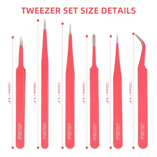 FEITA Pink Precision Craft Tweezers Set, Upgraded Stainless Steel Pointy, Curved, Falt Twizers for Crafting, Bead, Sticker, Jewelry-Making, Hobby Tools