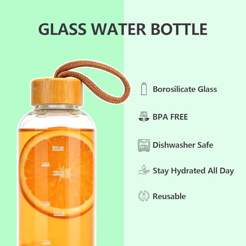 Sursip 32 oz Glass Water Bottle - Nylon Bottle Protection Sleeves, Bamboo Lid, And 1L Time Marked Measurements, Reusable, Eco-Friendly, Safe for Hot Liquids Tea Coffee Daily - color: Small-Coffee-Bamboo