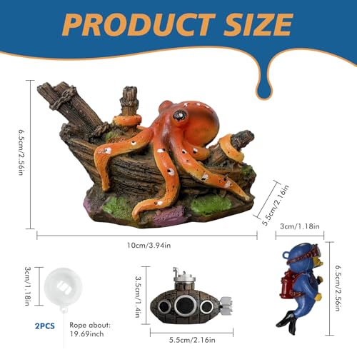 3Pcs Small Fish Tank Decor: Octopus Decorations and Floating Fish Tank Decoration for Small Aquariums