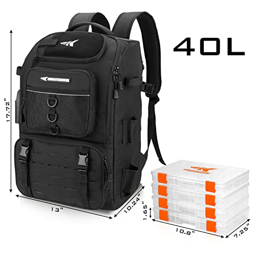 KastKing KarryAll Fishing Tackle Backpack with Rod Holder 4 Tackle Boxes,40/26L Tackle Bag Storage Fishing Gear and Equipment - color: A: Large (40 L) - Black