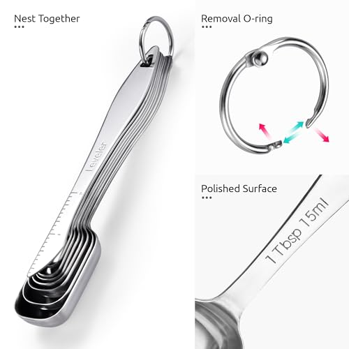 U-Taste Narrow Square Measuring Spoons: 18/8 Stainless Steel Kitchen Measure Teaspoon Tablespoon with Leveler, Polygon Rectangular Metal Jar Scoop for Baking Cooking, Coffee, Spice, Powder (Set of 8) - size: 7 Spoons+1 Leveler