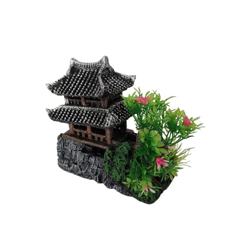 Aquarium Decoration Chinese Ancient Tower, Resin Small Fish Tank Hideout Hut Accessories, Artificial Landscape Decor Hideaway House with Tree Moss, Hollow Hideout Castle Ornament (Building)