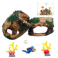 Aquarium Decoration Set with Driftwood Barrel, Coral Plants, Diver Figurine, Brown Green Blue Yellow Red, Resin Plastic, Medium, 5 Pieces