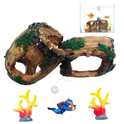 Aquarium Decoration Set with Driftwood Barrel, Coral Plants, Diver Figurine, Brown Green Blue Yellow Red, Resin Plastic, Medium, 5 Pieces