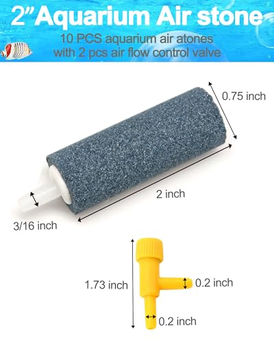 Air Stones for Aquariums 2 Inch 10 Pack Grey Air Stone Cylinder Aerator Bubble Diffuser with 2 Control Valve for Nano Air Pumps Fish Tanks and Small Buckets