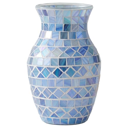 8" Premium Grey Mosaic Vase, High-Gloss Cyan-Blue Fish Scale Glass Flower Vase, Mirror-Effect Modern Art Centerpiece for Coastal Home & Office Decor - color: Blue Grey