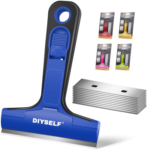 DIYSELF 1 Pack Razor Blade Scraper with 10 Extra Razor Blades, Scraper Tool, Glass Scraper for Cleaning, Glass Stove Top Scraper, Window Scraper, Paint, Cooktop, Oven Scraper, Razor Scraper Tool - color: Blue, size: 10PCS Metal Blades
