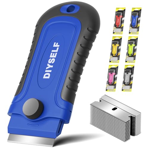 DIYSELF 1 Pack Razor Blade Scraper, Glass Scraper with Extra 15 Blades, Professional Razor Scraper for Glass Stove Top, Window, Cooktop Cleaning, Precision Scraper Tool for Kitchen - color: Blue, size: 1 Pack