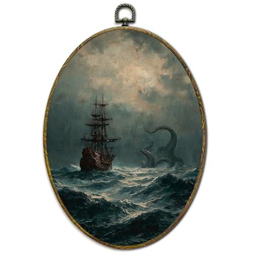 XFCICRLJ Coastal Beach Nautical Wall Art Decor, Dark Academia Nautical Aesthetic Oval Canvas Prints Framed, Moody Ocean Wall Art Decorations for Home Bedroom Living Room Decor, 11x8.5 Inch - color: Ocean