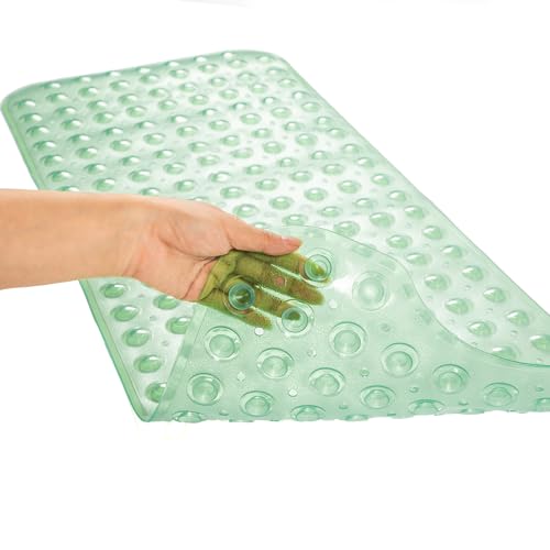 TEESHLY Bathtub Mats for Shower Tub, Extra Long Non-Slip 39 x 16 Inch Bath Mat with Drain Holes and Suction Cups, BathMat for Bathroom with Machine Washable (Clear Green) - color: Clear Green