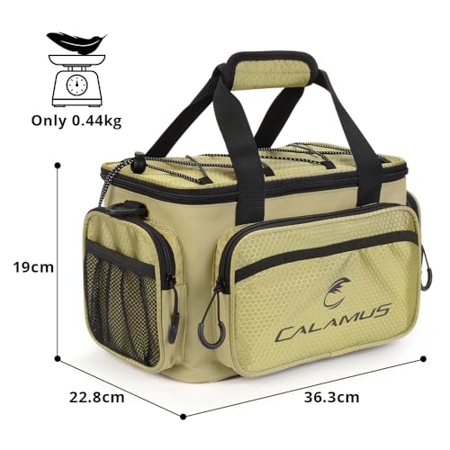 Calamus Fishing Tackle Bags - Fishing Bags for Saltwater or Freshwater Fishing - Rip-Stop PE - Padded Shoulder Strap - Pliers Storage -Khaki - color: C：Khaki(without trays)-14.3*9*7.5 inches