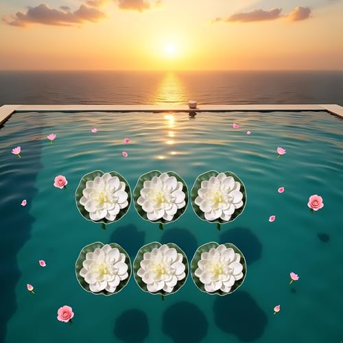 6Pcs White Artificial Lotus Flowers Large Floating Faux Lotus Water Lily Flowers Fish Pond Artificial Plants with Artificial Lily Pads, Home Decor Artificial Flowers