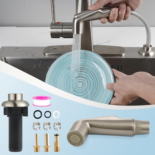Hygie Rinse Kitchen Sink Spray Attachment/Hose/Holder Set Compatible with Moen/Delta Faucet, Kitchen Side Sprayer, Kitchen Sink Faucet Sprayer Replacement, Brushed Nickel - color: Brushed Nickel, style: Sprayer Head/Hose/Holder Set
