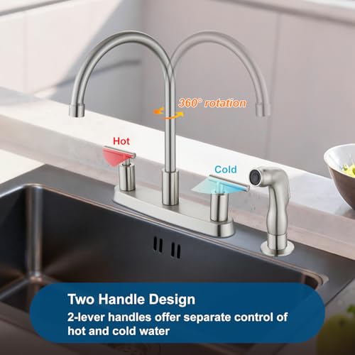 Kitchen Faucet, High Arc 360° Swivel Spout, 2-Handle 8 Inch Centerset Kitchen Sink Faucet with Side Sprayer, 3 or 4 Hole Kitchen Faucet for RV, Utility & Laundry Sink, Brushed Nickel - color: Brushed Nickel