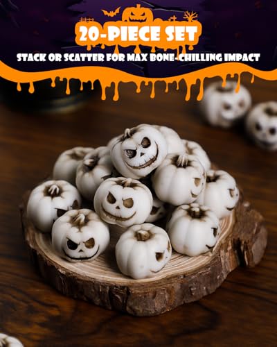 Uniclife 20 Pcs Halloween Mini Pumpkin Decorations, Halloween Fish Tank Decor, Spooky Smiling Face Mini Pumpkins, Jack-O'-Lantern Miniature Vase Fillers, White Resin Artificial Figurines - color: 20 Pcs Mini Pumpkin