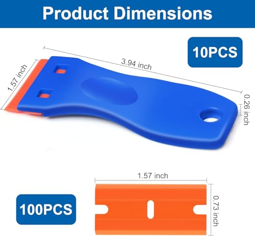 10 Pcs Razor Scraper with 100 Pcs Plastic Blades, Plastic Razor Blade Scraper Tool, Cleaning Scraper Remover for Removal Floor Stove Scraping Labels and Decals Sticker on Car Window Glass