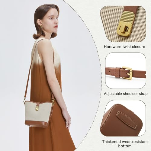 FOXLOVER Coated Canvas Bucket Crossbody Bags for Women Top-Handle Handbags Small Satchel Purse Trendy Twist Lock - color: Brown a
