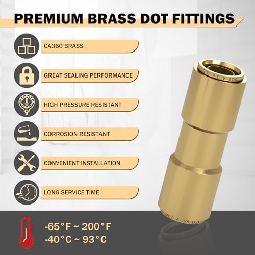 CheeMuii 6 PCS 3/8 Brass DOT Air Line Fitting Straight Union Quick Connect Fittings 3/8 Air Hose DOT Air Fittings for Semi Truck Trailers Industry Air System - size: 3/8IN-6PCS
