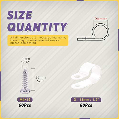 Swpeet 60 Pack White 1/2 Inch Nylon Plastic R-Type Cable Clips Clamp Kit, Nylon Screw Mounting Cord Fastener Clips with 60 Pack Screws for Wire Management (1/2 Inch, White) - color: White, size: 1/2 Inch