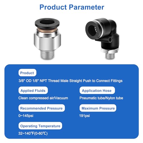 12 Pcs Push to Connect Fittings 3/8 Inch Tube OD x 1/8 Inch NPT Thread Pneumatic Male Straight and Elbow Quick Connect Air line fittings - size: 3/8"OD x 1/8"NPT