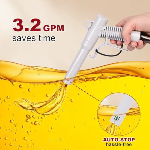 anngrowy Fuel Transfer Pump Battery Powered with Auto-Stop/Hand Trigger Nozzle, Gas Can Pump Transfer with 3.2/2.8 GPM, 51"/53.7" Hose, Liquid Transfer Pump for Oil, Gasoline, Diesel (Auto-stop) - style: Upgraded Auto-stop