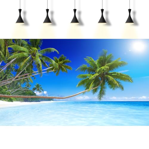 Tropical Paradise Beach Aquarium Background Ocean Island Seashore Fish Tank Background Beach Seascape Terrarium Backgrounds Sunray Blue Sky Seacoast Ocean Sea Waves Reptile Tank Backgrounds 24x12in - color: Green_Blue, size: 24(W)x12(H)inches/ 60(W)*30cm(