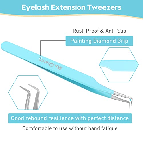 Ms.Queen Lash Tweezers for Eyelash Extensions, Precision Fiber Tip 90 Degree Tweezers for Mega Volume Lashes Extensions, Blue - style: 90 Degree Tweezers