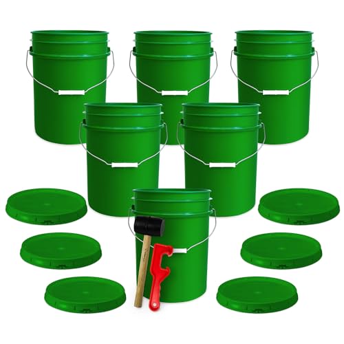 ePackageSupply 5 Gallon Plastic Bucket with Airtight Lid | Food Grade Bucket | BPA-Free | Heavy Duty 90 Mil All Purpose Pail | One 12" Rubber Mallet & One Lid Opener Included | 6 Pack - color: Green, size: 6 Packs