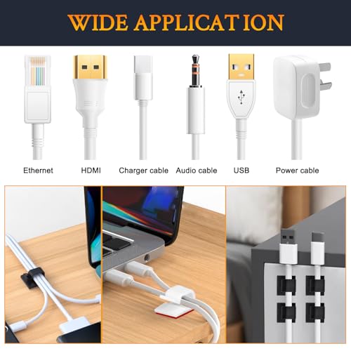 SOULWIT 50 Pcs Self Adhesive Cable Management Clips, Cable Organizers Sticky Wire Clips Cord Holder for TV PC Laptop Ethernet Cable Desktop Home Office (White) - color: White