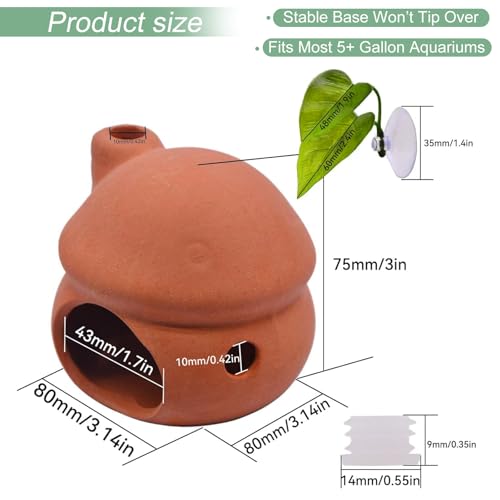 Saim Ceramic Mushroom Cottage Aquarium Decor – No-Paint Betta Cave & Toad House, Axolotl Hide & Shrimp Hideout, Pleco Breeding Cave with Betta Leaf Pad for Freshwater/Saltwater Tank - color: Natural Color & Leaf