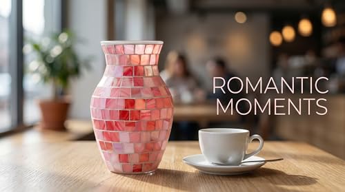 8" Pink Agate Mosaic Vase, Handmade Textured Glass Flower Vase, Romantic Rose Glass Centerpiece for Bedroom, Bathroom, Coastal Home Decor & Valentine's Day Gift - color: Pink Agate