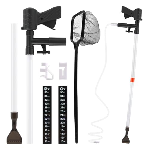 Aquarium Gravel Cleaner, Fish Tank Cleaner Kit, Aquarium Manual Press Noiseless Water Changer, Including Net,Thermometers & Cleaning Accessories for Fish Tank Maintenance