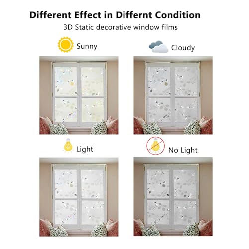 LEMON CLOUD Window Privacy Film Stained Static Cling Glass Film 3D Decorative Colorful Glass Window Sticker, Privacy Frosted Covering for Home Sliding Door(23.6 x 157.4 Inch, Rainbow Leaf) - color: 3d Leaf, size: 23.6 x 157.4 Inch