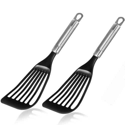 KSENDALO 2 Thin Flexible Nylon Fish Spatula Set for Nonstick Cookware Fish Spatula Egg Flipper Hollow Steel Handle, LFGB Certified Nylon Thin Blade Sturdy Hollow Handle Dishwasher Safe- Silver/Black - size: Medium (2 Pack)