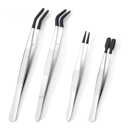 4 Pcs Rubber Tip Tweezers Set, Non-Scratch PVC Coated Tips - Fine Point, Flat & Bent Head Tweezers for Crafts, Jewelry Making, Electronics, Eyelash Extensions