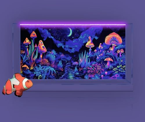 36X20IN Blacklight Mushroom Flower Black Light Aquarium Background, UV Fish Tank Background Moonlight Mountain Forest Landscape Terrarium Background with 10 EVA Double-Sided Tape - size: 36X20in/90X50cm