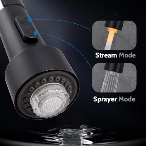WEWE Kitchen Faucets with LED Light, Kitchen Faucet with Pull Down Sprayer Commercial Stainless Steel Single Handle Spring Farmhouse RV Sink Faucet, Matte Black - color: Matte Black, style: Modern
