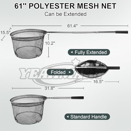 Yeahmart Fishing Landing Net with Telescopic Aluminum Handle Pole, Collapsible Nylon Mesh Minnow Fish Net for Saltwater & Freshwater, Portable Fishing Gear for Kids, Men, Women, Extends 21-75 Inches - style: 61.4" Full Length (4 Sectional Handle-round)