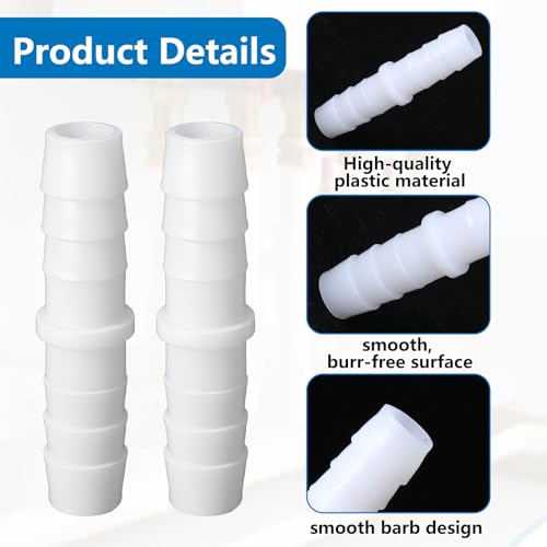 Plastic Barbed Straight Hose Fittings 8 Pcs, 1/2 Inch to 1/2 Inch Hose Mender Coupler, White Pipe Connectors for Aquarium, Gas, Fuel, Air & Water Tube Connection