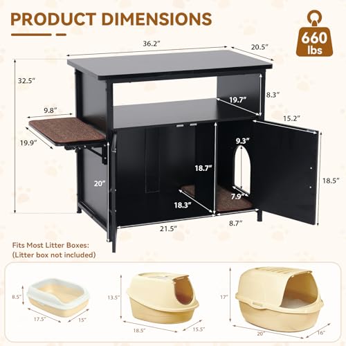 Verano Garden 40-50 Gallon Fish Tank Stand with Hidden Cat Litter Box Enclosure Furniture, Cat Viewing Aquarium Stand with Storage Shelf & Side Cat Perch, 36.2"x20.5" Tabletop, 660 LBS Capacity - color: Black