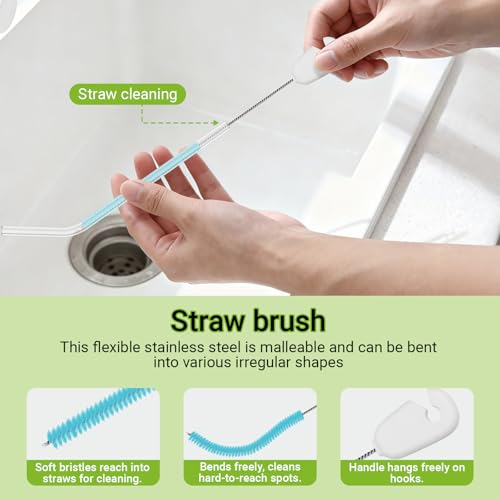 3-in-1 Bottle Brush, 15 Inches Long Handle Kitchen Water Bottle Brush, Stainless Steel Bottle Cleaner Brush with Straw Brush & Lid Brushe for Cleaning Wine Glasses,Coffee Mugs,Tumblers,Wine Decanters - color: Blue-3