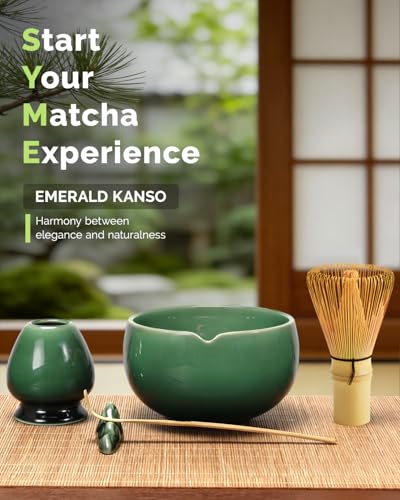 Maestri House Matcha Whisk Set, 7-Pc Complete Matcha Kit with Spouted Ceramic Bowl, Bamboo Whisk and Holder, Scoop, Spoon Rest & Sifter, Tea Cloth – Ideal Gift for Matcha Lovers (Emerald Kanso) - color: Emerald Kanso
